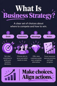 Business strategy infographic with goals and competitive advantage