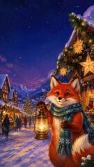 Obraz premium Festive fox lantern wallpaper in snowy Christmas village