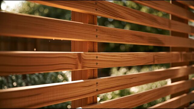 Sunlight passes through wooden slats of a garden fence in a backyard. The bright light creates patterns on the ground below.