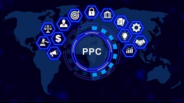 Digital ppc marketing strategy concept with animated global network financial growth symbols, and futuristic data analytics hud interface for corporate business presentations and online advertising