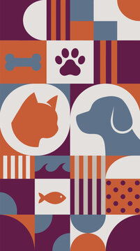 Flat design retro pet geometric poster with cat and dog silhouettes, paw print, bone, fish, and grid