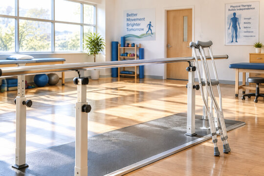 A sunlit physical therapy room with parallel bars and crutches leaning against them.