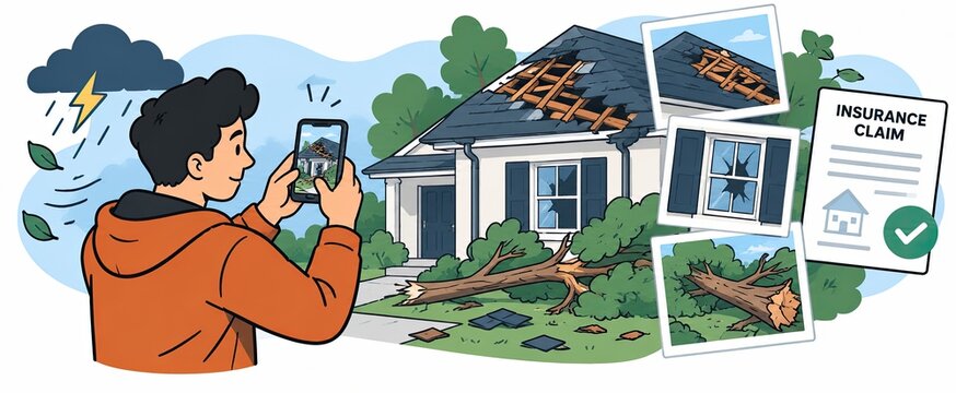 Illustration of a homeowner photographing storm damage to a house for an insurance claim, with broken roof tiles, a fallen tree, and claim documents.