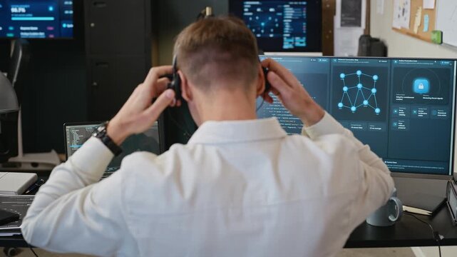 Caucasian young adult software specialist putting on headset, typing code and monitoring security data on screens in rear view. Suitable for tech support, cybersecurity, programming content