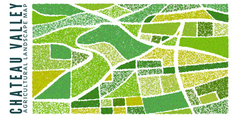 Naklejka premium Aerial view vineyard stipple landscape vector illustration with green farm fields pattern for wine label, packaging, and agricultural background