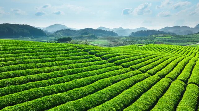 Lush green tea plantation rolls across neat terraced rows under a bright sunny sky with mist covered mountains.