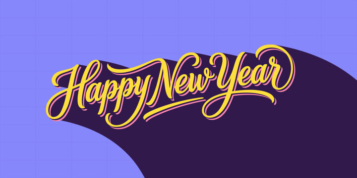 Happy New Year retro typography design with long shadow effect in yellow and pink script lettering on purple grid background vector holiday card banner.
