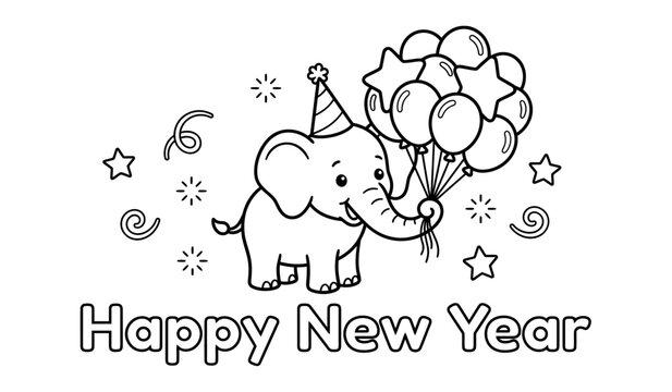 Happy New Year text coloring page design featuring cute baby elephant holding bunch of balloons and party hat vector line art illustration for kids book.