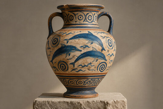 Minoan terracotta amphora with painted dolphins on stone pedestal.