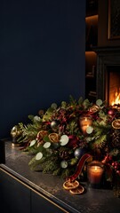 Obraz premium Elegant Christmas mantel wallpaper with candles and evergreen garland