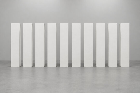 Ten identical smooth white plaster columns in perfect alignment.
