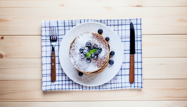 チェック柄マットに配置されたブルーベリーパンケーキの朝食セット（スイーツ, ホットケーキ, ブランチ, ライフスタイル, フラットレイ, コピースペース背景素材） / Pancakes with blueberries and cutlery on white wooden background