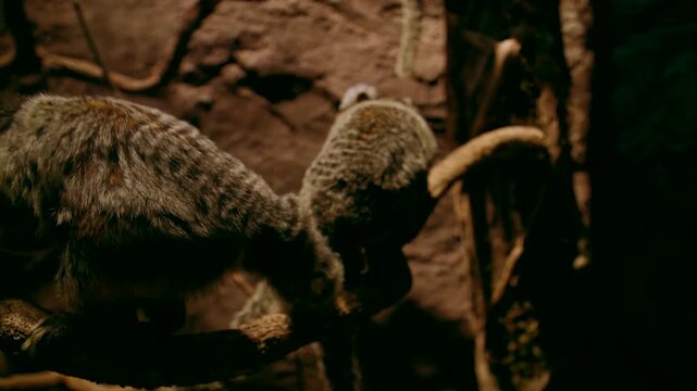Two Rock Hyraxes Resting on Branch in Dark Rocky Habitat