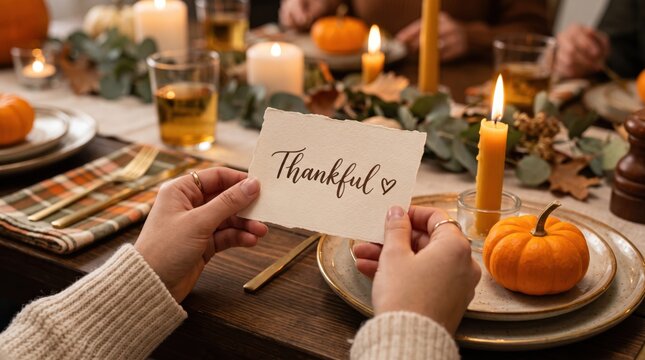 Hands holding a thankful card at a decorated Thanksgiving dinner table. Autumn holiday gathering and gratitude tradition. Seasonal table setting for family meal and festive dining.