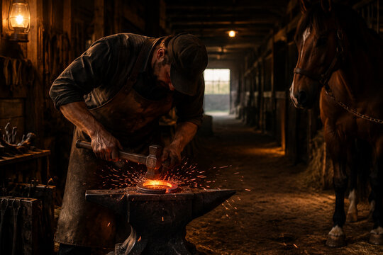 A farrier shaping a horseshoe on an anvil with sparks flying in a dimly lit stable.