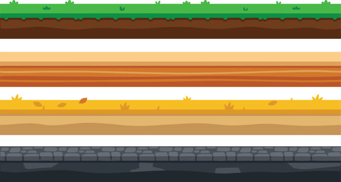 Cartoon Game Ground and Soil Layer Pattern Set with Grass, Wood, Sand, and Stone Textures for Side Scroller Video Game Background Designs