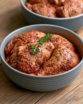 Raw chicken thighs marinating with dry rub spices and fresh thyme in ceramic bowls, preparing for grilling or baking a savory, protein rich meal