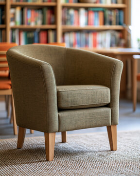 Comfortable tub chair upholstered in green linen fabric resting on a natural fiber rug, providing a cozy seating option in a home library interior with bookshelves