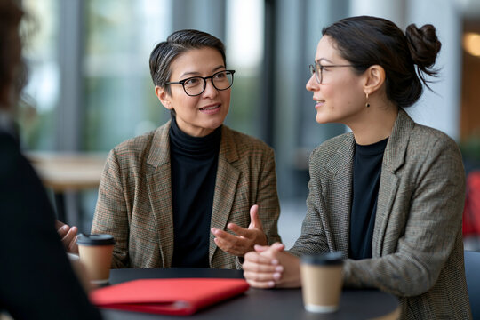 Diverse businesswomen collaborating during a professional meeting, discussing new ideas and strategy in a modern office lounge, having coffee together