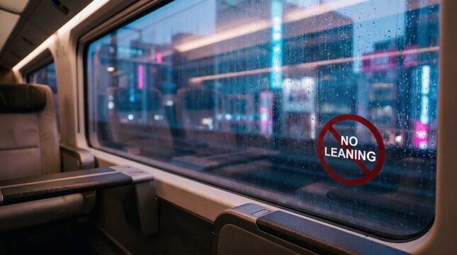No leaning prohibition sign on rainy train window with blurred neon city lights background