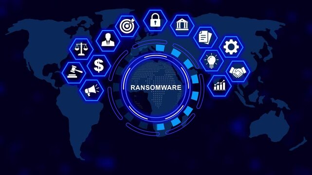 Cybersecurity ransomware attack digital concept featuring animated global network security and data protection warning for corporate information technology security and internet safety awareness