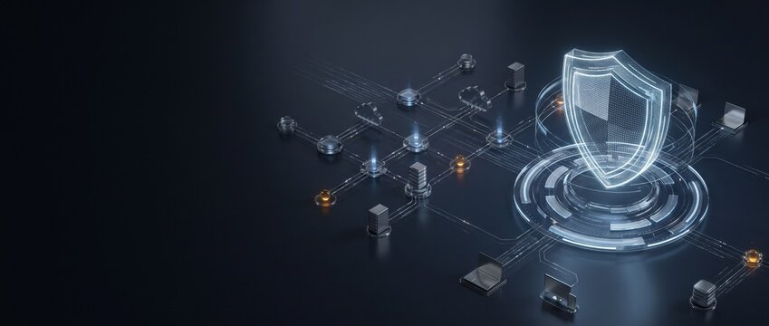Futuristic glowing digital shield with network connections on dark background. Wide web banner and header for October Cybersecurity Awareness Month with copy space