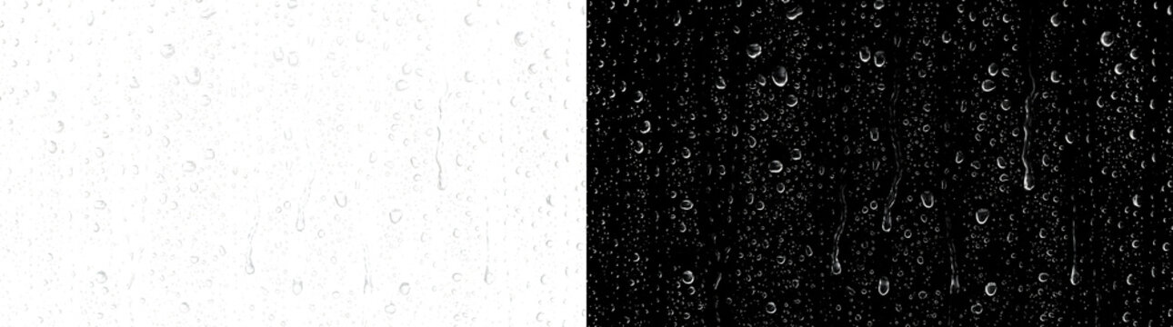 Water droplets on glass with realistic rain drips available in PNG, Transparent and Black Background Versions for designs
