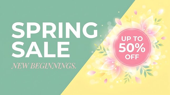 Spring sale banner with up to 50 percent off discount and floral design