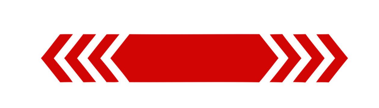 Red hexagon banner with chevron arrows on both sides on white background. Abstract blank label ribbon with bold angled stripes. Promotional sale tag for web and advertising designs.