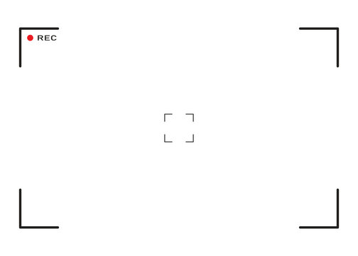 Black camera viewfinder frame with red REC dot on white background. Abstract video recording screen overlay with corner brackets. Digital focus symbol for filmmaker and photography designs.
