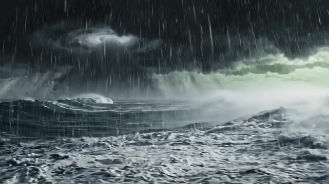 Furious ocean storm raging with massive waves and heavy rain during violent weather motion clip