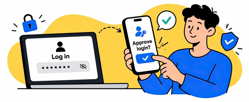 Illustration of a user approving a passwordless login on a smartphone beside a password login screen, showing secure authentication flow.