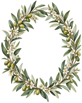 Watercolor olive leaf and white blossom oval wreath