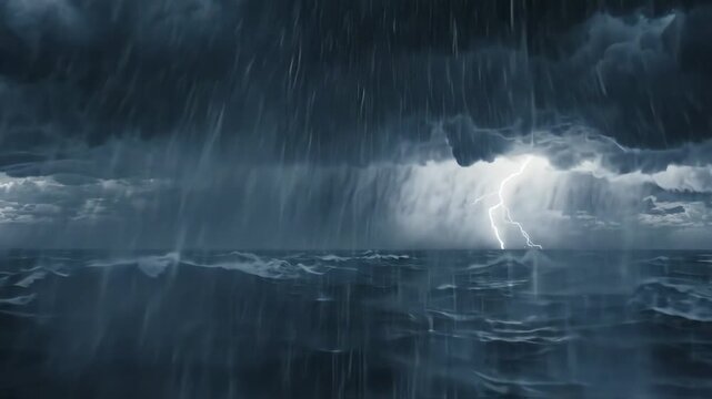 Furious ocean storm with violent waves heavy rainfall and bright lightning strikes video clip