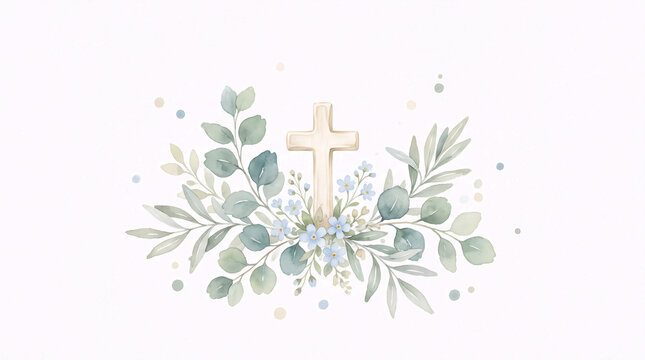 Watercolor Christian Cross with Eucalyptus and Floral Greenery