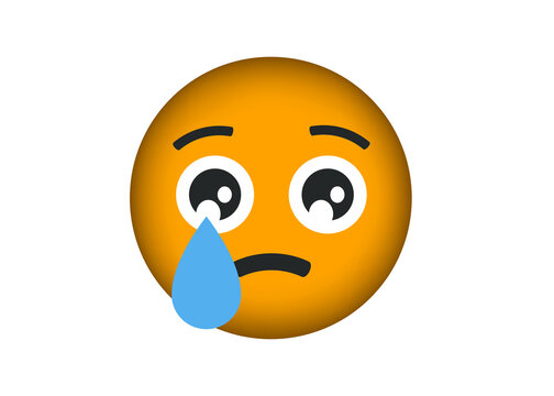Crying emoji face with single tear drop and sad expression. Flat vector icon of unhappy sorrowful emoticon isolated on white background. Yellow cartoon symbol for chat and messaging app design.