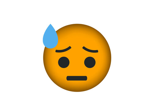 Worried emoji face with sweat drop and concerned expression. Flat vector icon of anxious nervous emoticon isolated on white background. Yellow cartoon symbol for chat and messaging app design.