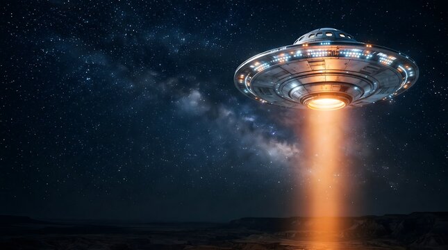 Classic UFO flying saucer hovering over desert landscape emitting bright orange tractor beam under starry night sky.