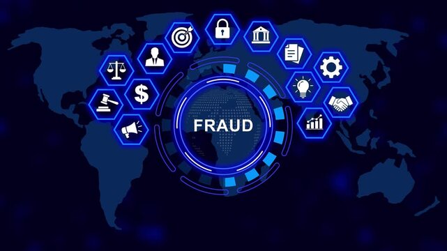 Digital fraud detection and global cyber security concept featuring animated map interface with glowing financial legal symbols, and data protection technology for corporate risk analysis