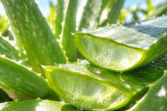 Plump aloe vera leaves in sunlight showing translucent, fleshy texture.