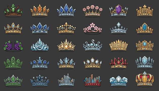 Collection of fantasy crowns and tiaras featuring various jewels and metals for medieval roleplay games.