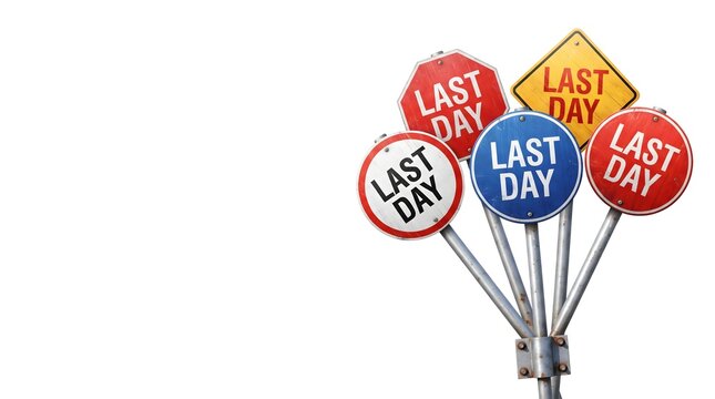 Five colorful Last Day road signs in red yellow blue and white clustered together on poles against white background.