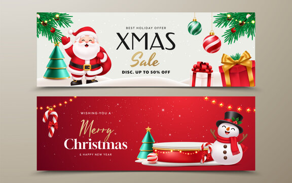 Christmas Sale Wide Web Banner with Santa Claus, Christmas Tree, Gifts and Holiday Promotion
