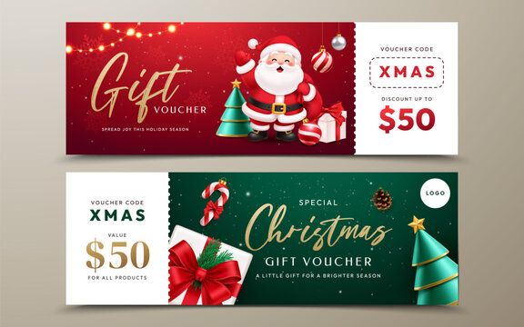 Christmas Gift Voucher Wide Web Banner with Santa Claus, Reindeer, Gifts and Holiday Promotion
