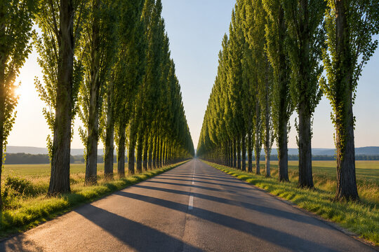A straight path flanked by tall poplar trees with long shadows and deep perspective.