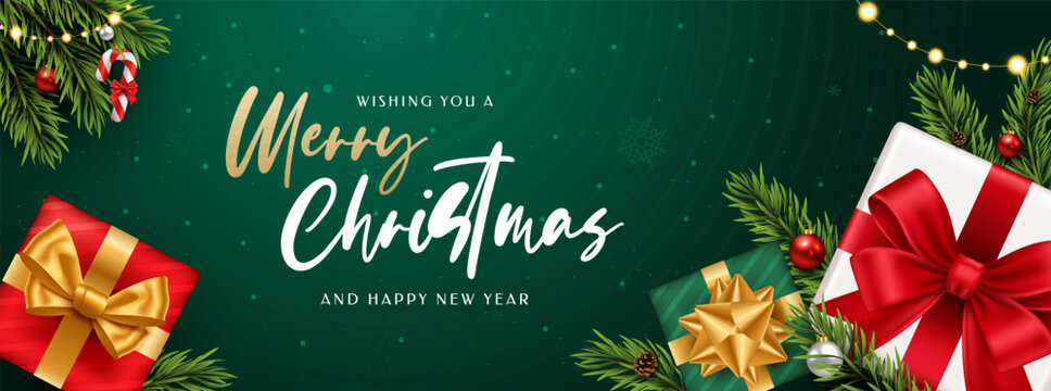 Merry Christmas Holiday Banner with Gift Boxes, Pine Branches, Christmas Ornaments and Festive Decoration