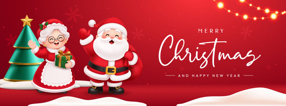 Merry Christmas Banner with Santa Claus and Mrs Claus, Christmas Tree and Holiday Greeting