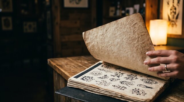 Tattoo flash book with old paper pages and traditional designs