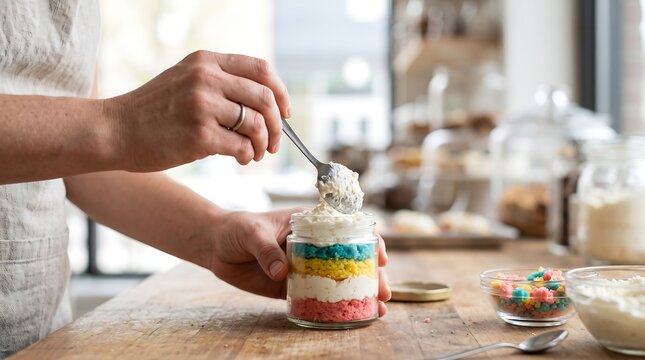 Person decorating a rainbow cake in a jar with frosting and sprinkles