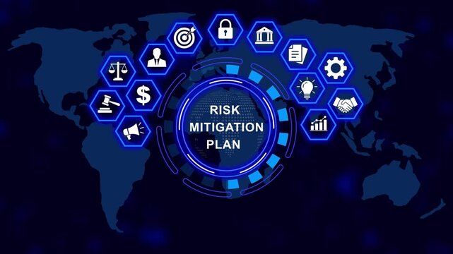 Digital risk mitigation plan concept featuring animated global business and cyber security strategy for corporate financial management, data protection, and strategic enterprise planning solutions